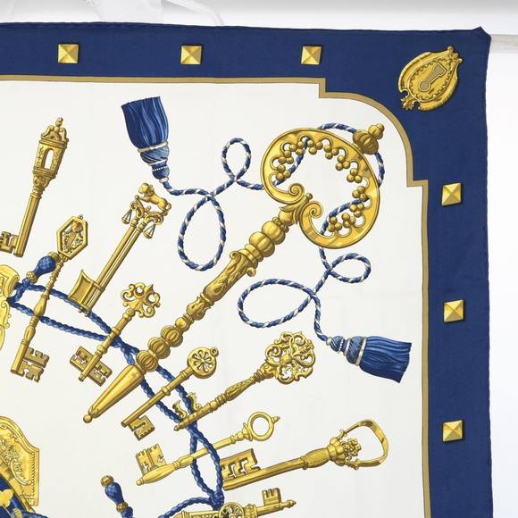HERMES Carre 90 LES CLES Scarf Silk Navy Auth ki3742 - Picture 4 of 14